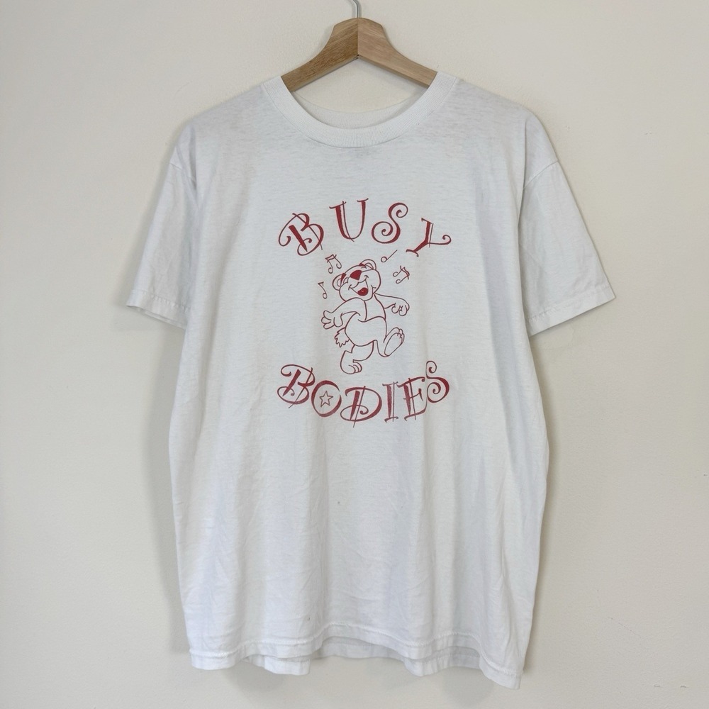 Vintage 90's Busy Bodies Bear Funny Art Work White Tee Shirt - Large